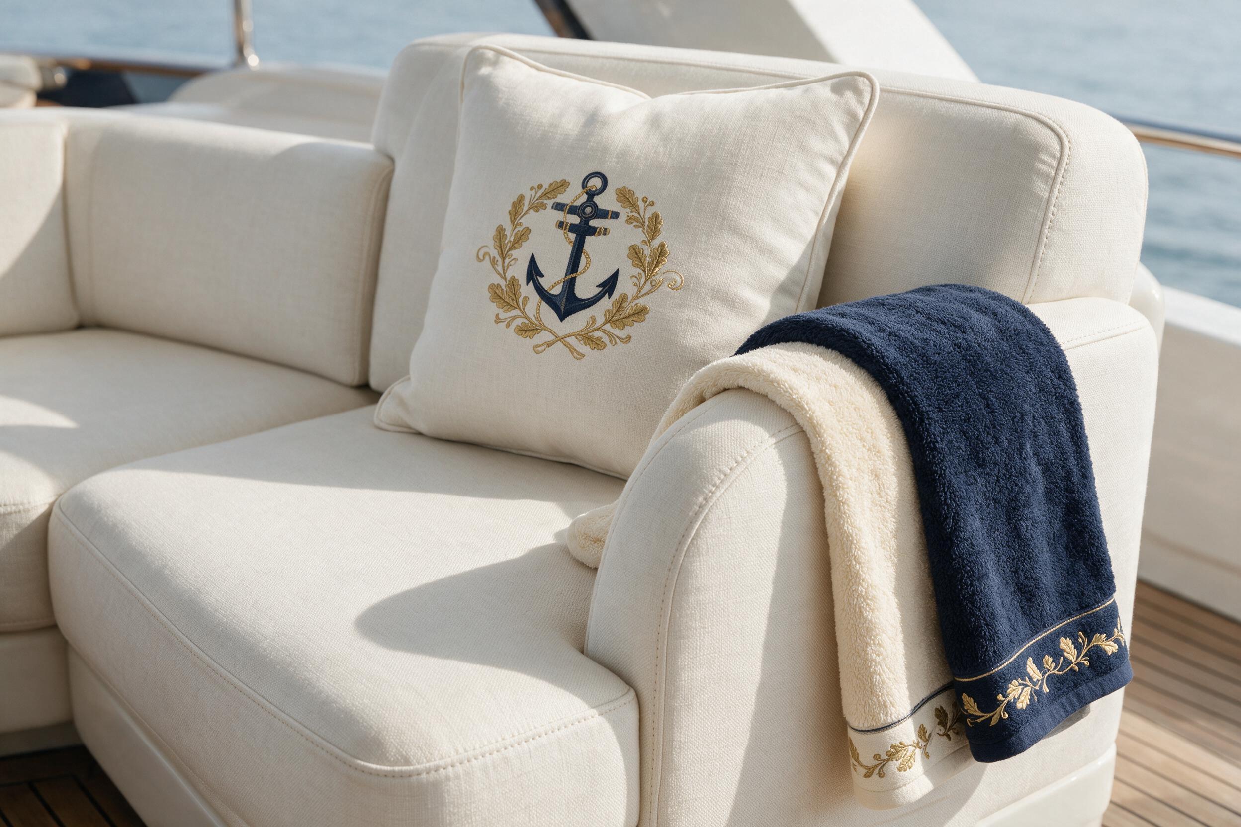 Classic yacht lounge with navy upholstery, woven cushions, a soft blue throw and sea views