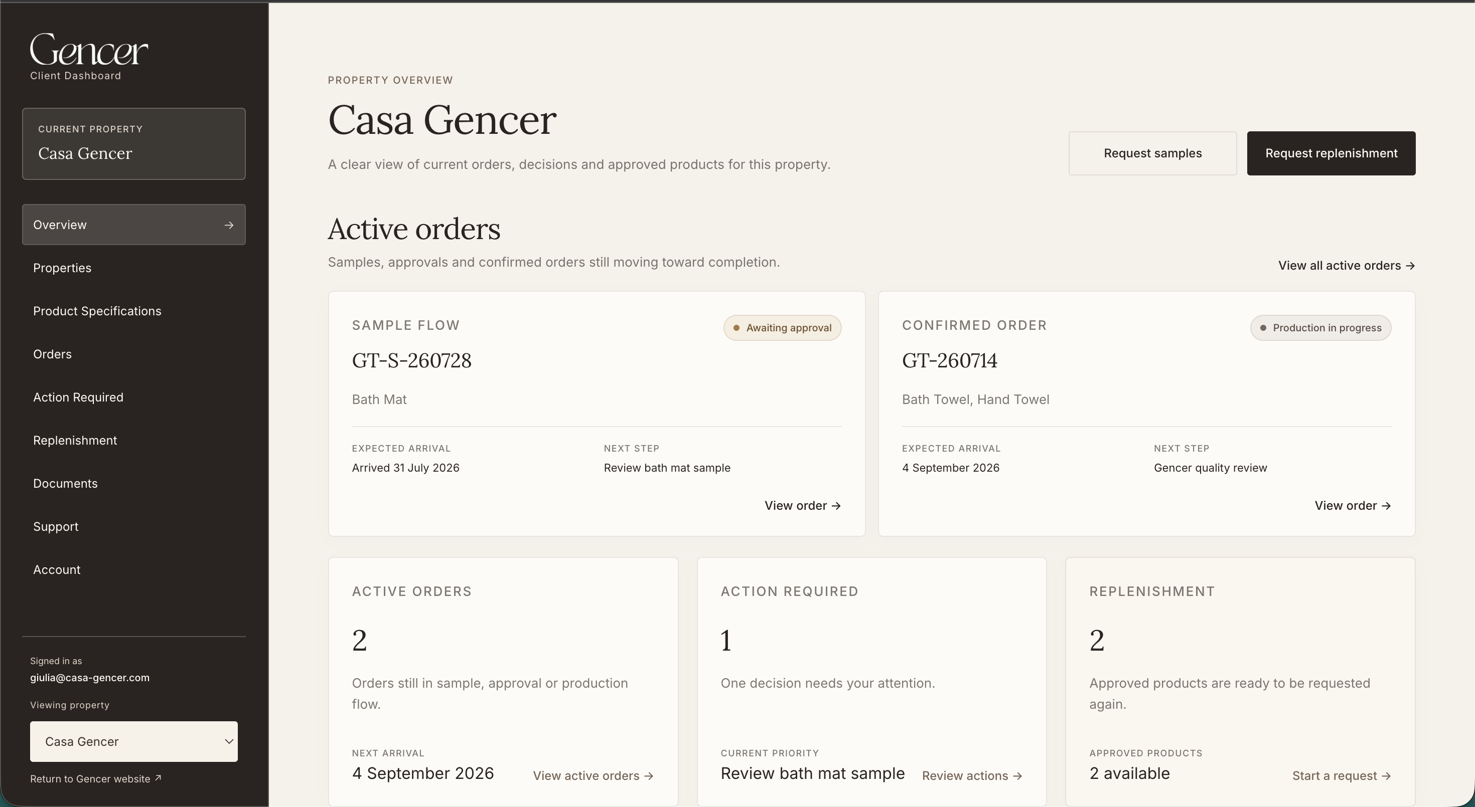 Gencer Client Portal dashboard showing a demo property overview, active orders, approvals and replenishment access.