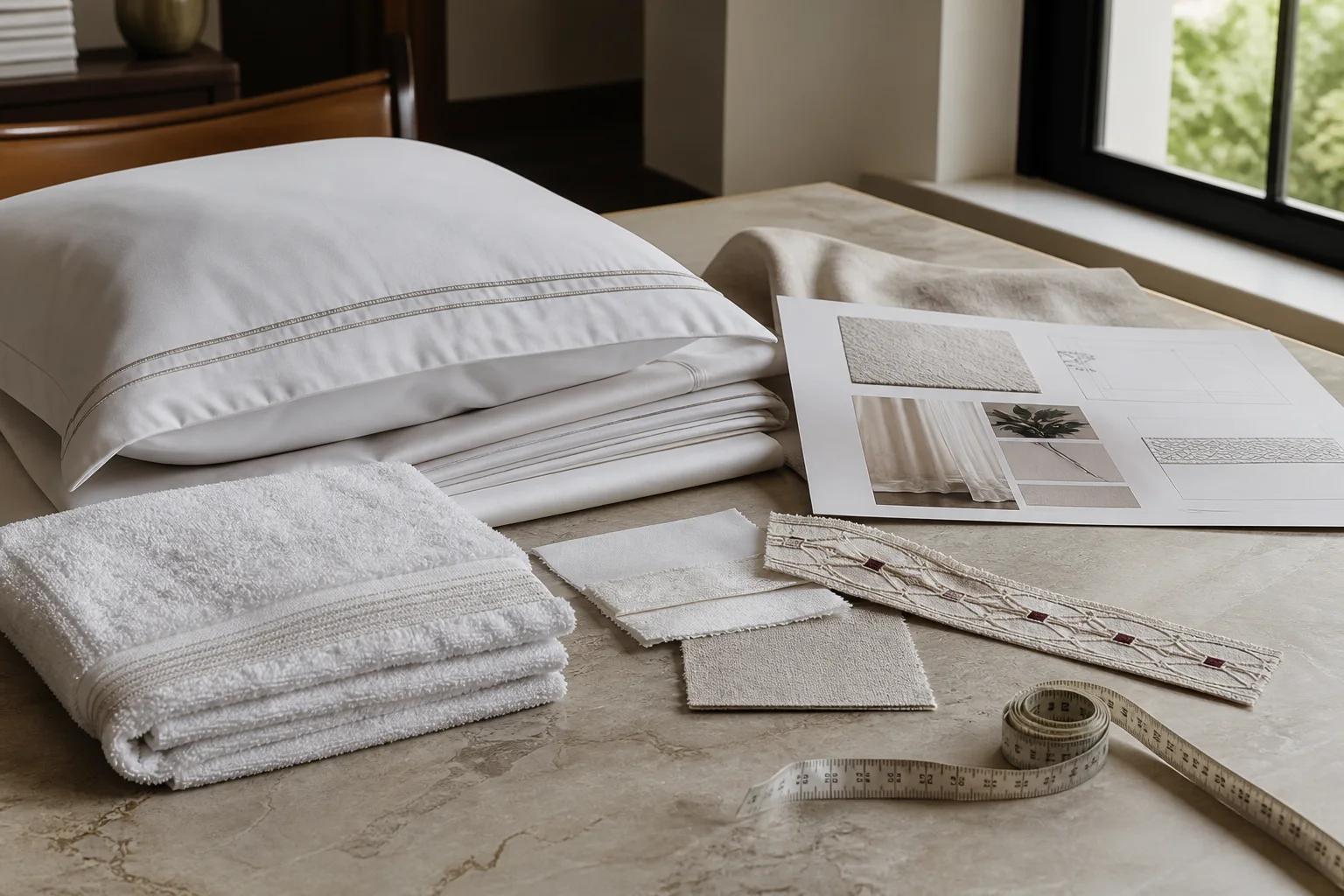 Luxury bed linen, towel and trim samples arranged with a specification sheet and measuring tape on a Studio table.
