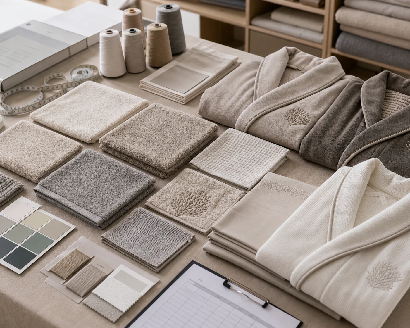 Towel weights, robe fabrics, and colour samples arranged for a wellness specification.