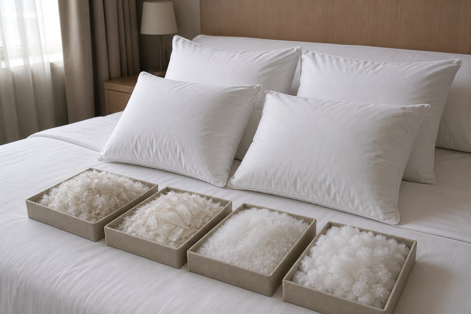 Four white hotel pillows with separate samples of feather, down, microfibre and hollowfibre filling on the bed