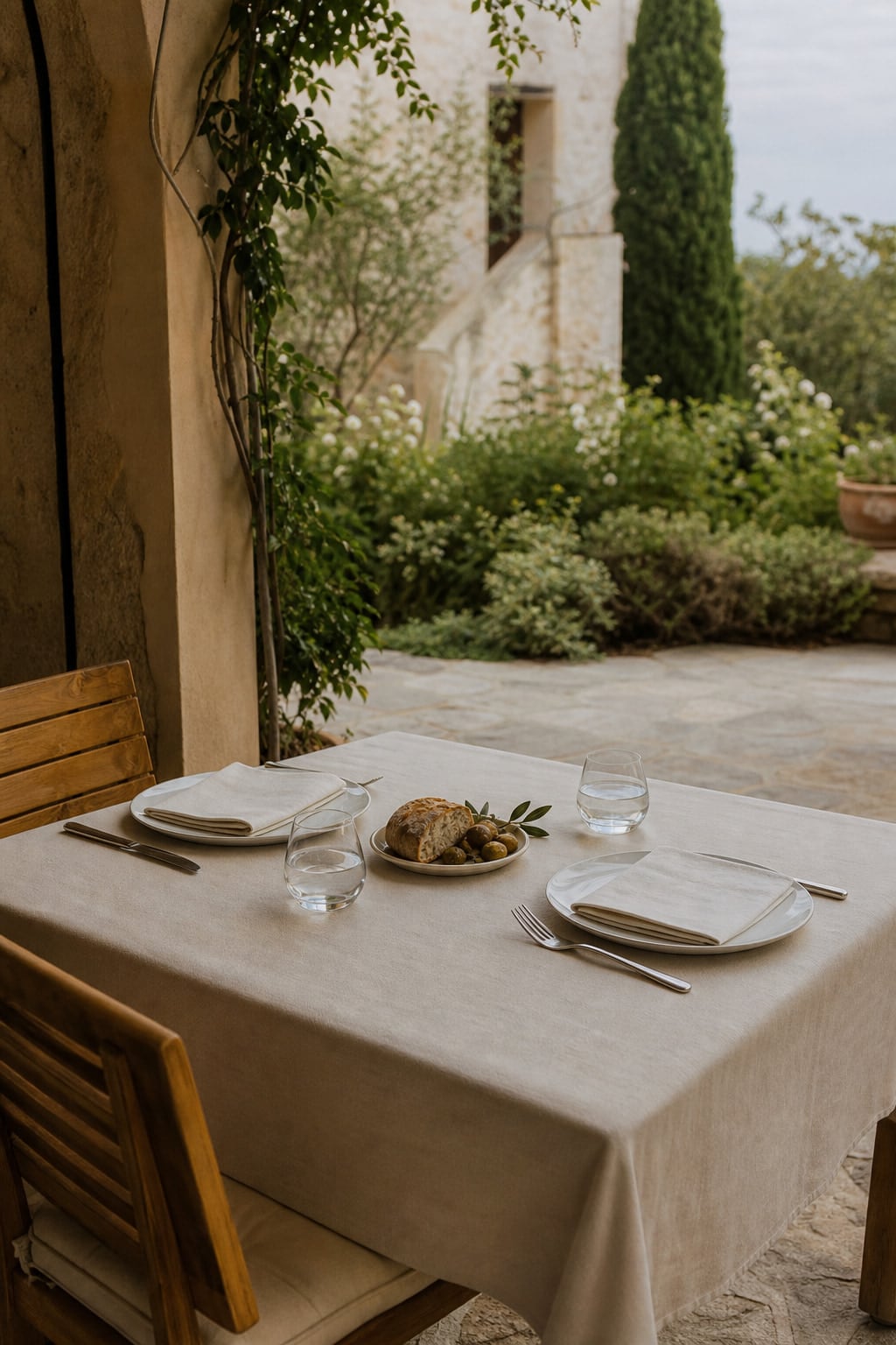 Mediterranean hotel terrace table set with ivory linens, bread and olives