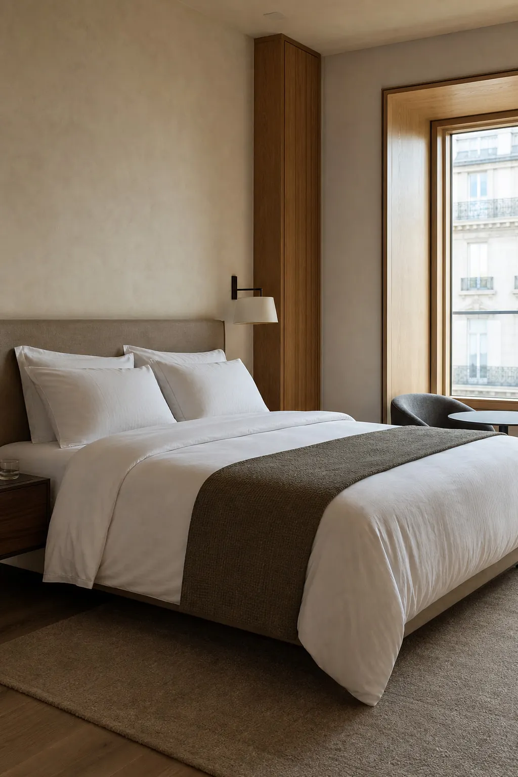 Refined independent hotel guest room with tailored bed linen.