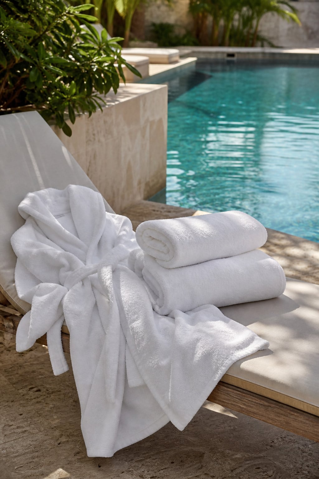 White spa towels and robe arranged beside a turquoise hotel pool