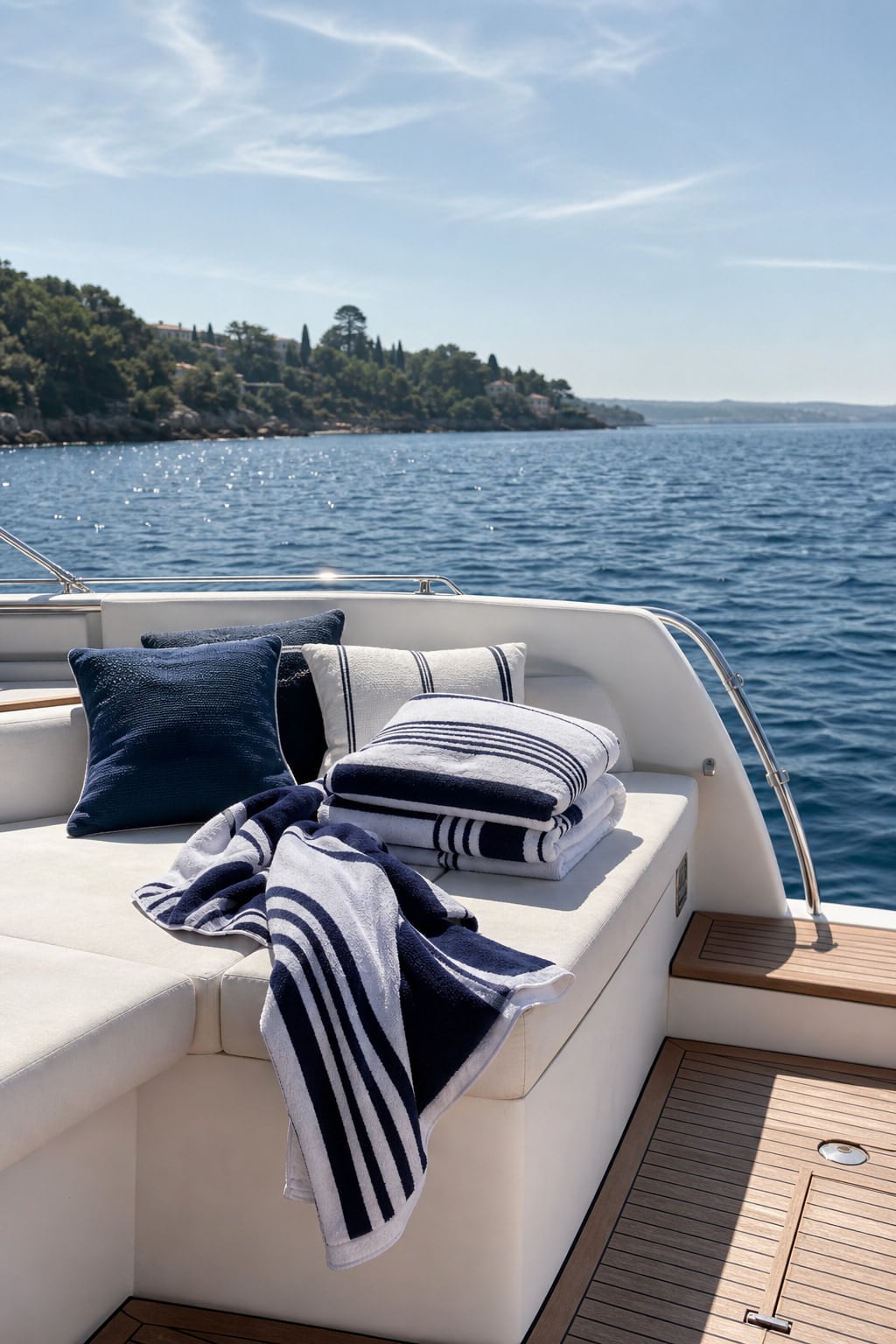 Navy-striped yacht towels on a sunlit deck overlooking the Mediterranean