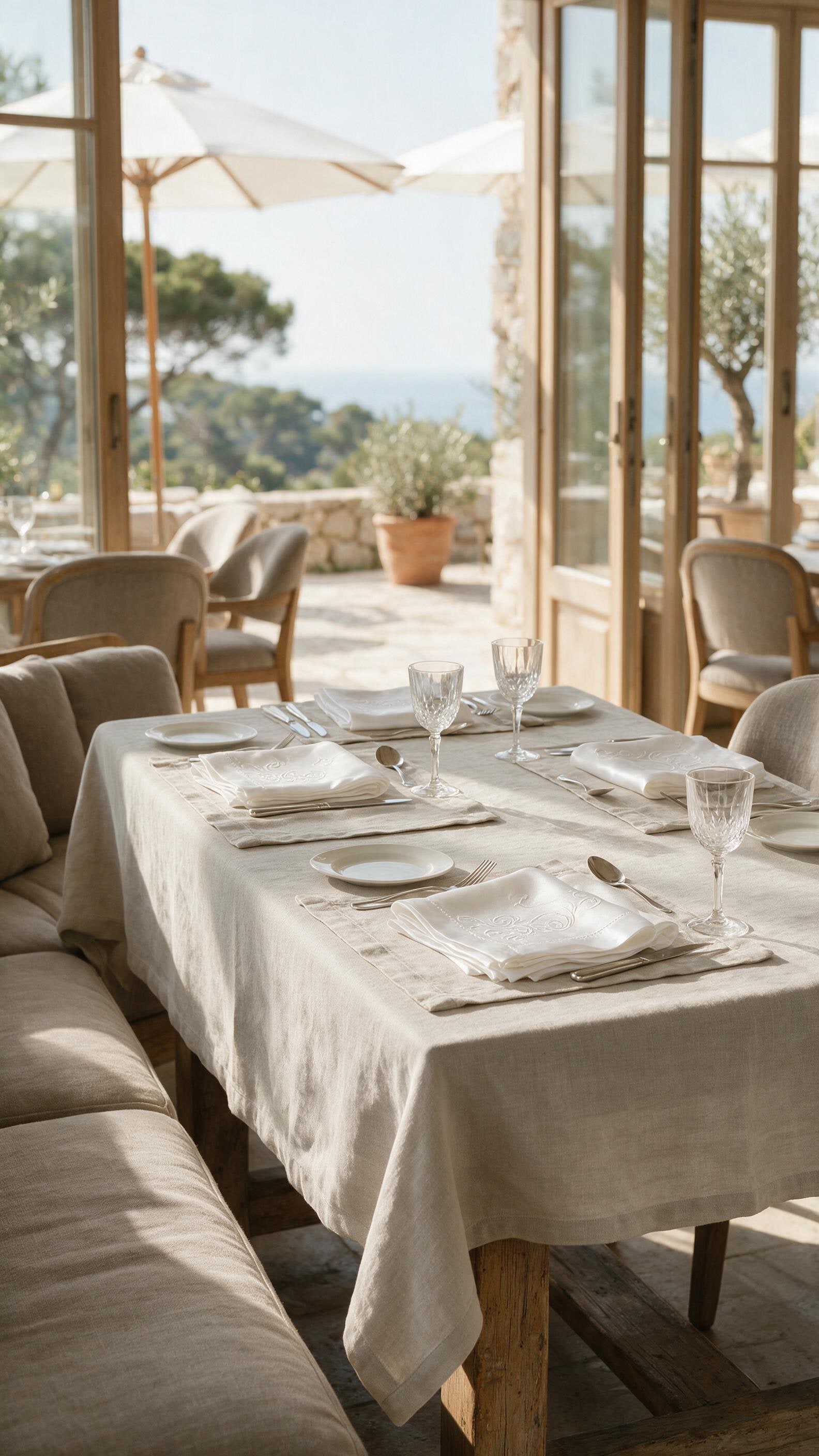 Design-led hotel restaurant with cream table linen, rust napkins and olive banquette seating