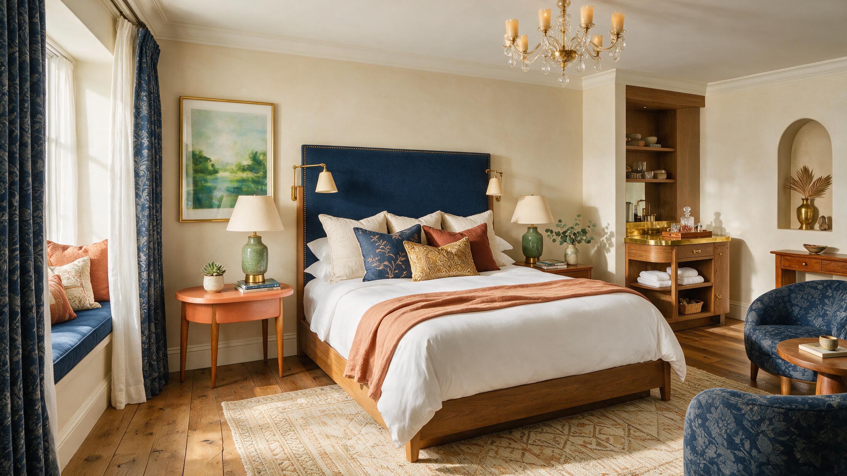 Characterful boutique hotel room with layered bed textiles and a Mediterranean view