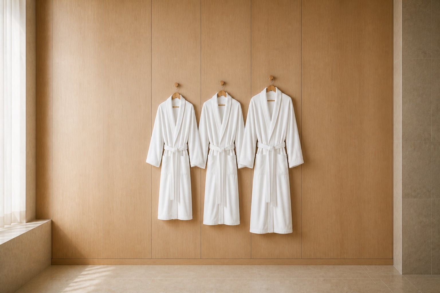 Three white hotel bathrobes in progressively larger sizes hanging against pale oak panels