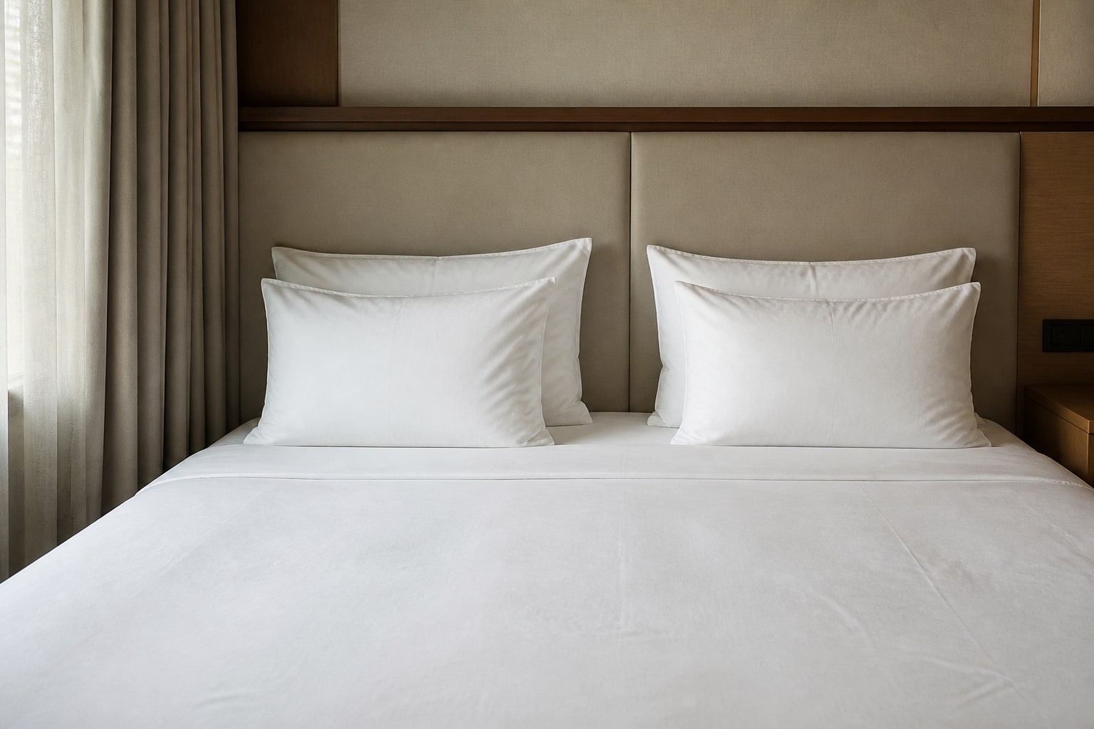 Hotel double bed prepared with four usable white sleeping pillows, two on each side