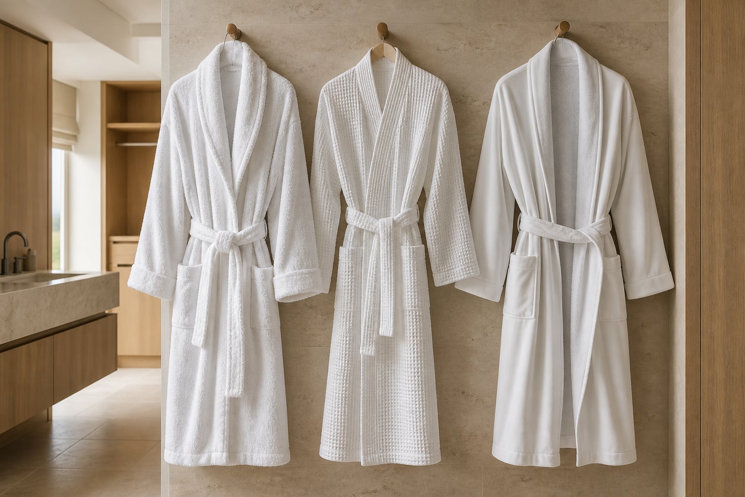 Three white hotel bathrobes in terry, waffle and smooth velour constructions hanging in a guest bathroom