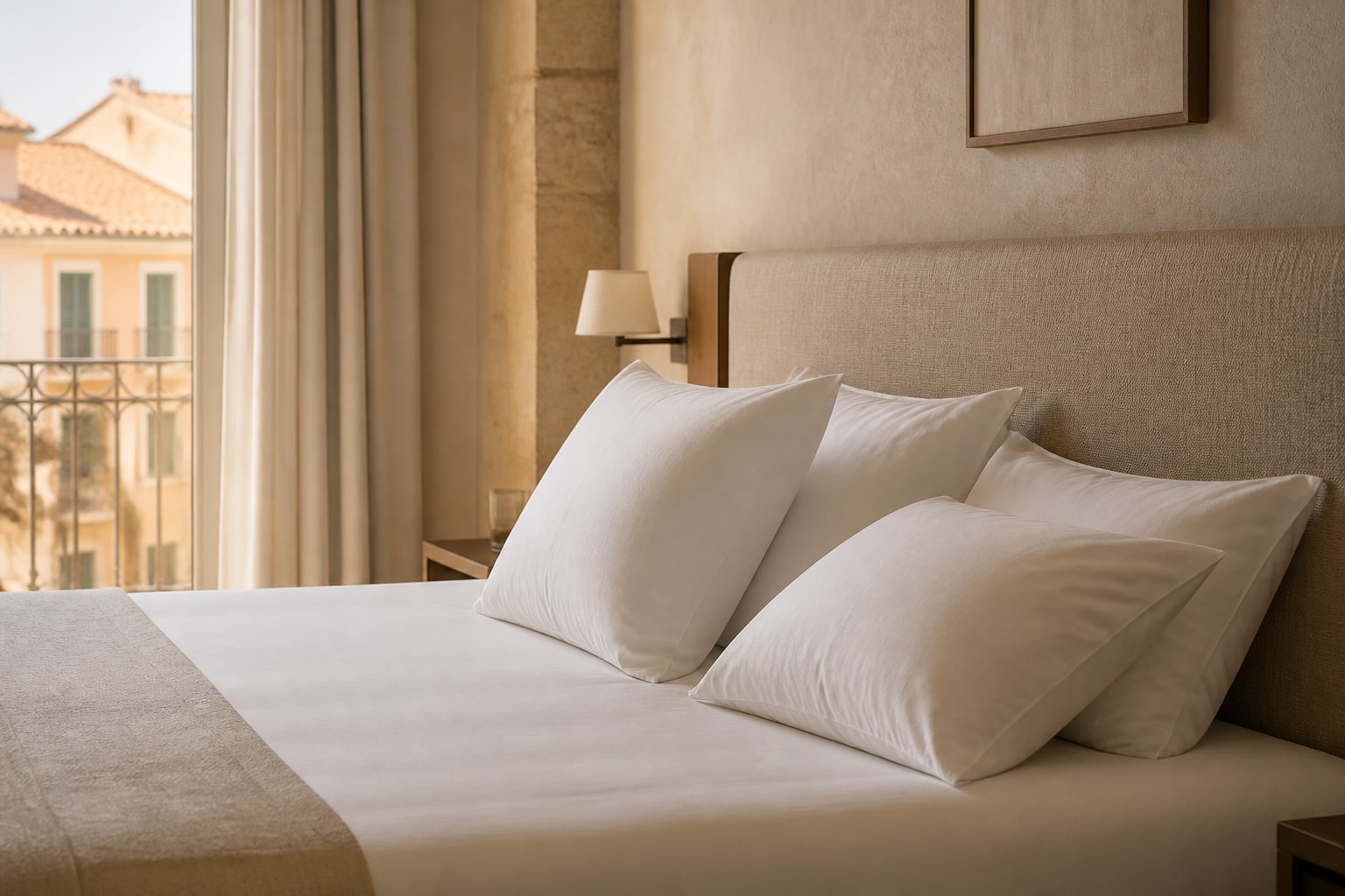Letto d’hotel con guanciali bianchi di altezze e livelli di sostegno differenti