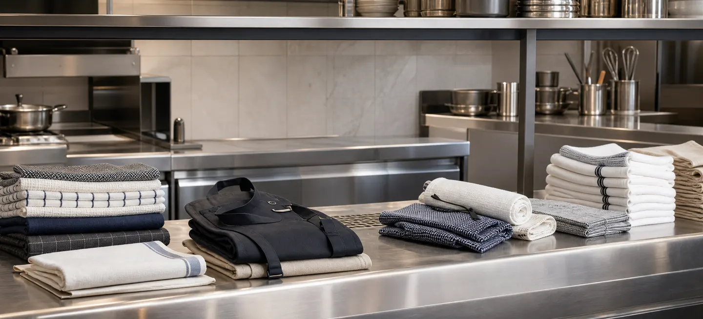 Service cloths, aprons, and kitchen textiles prepared for restaurant operations.