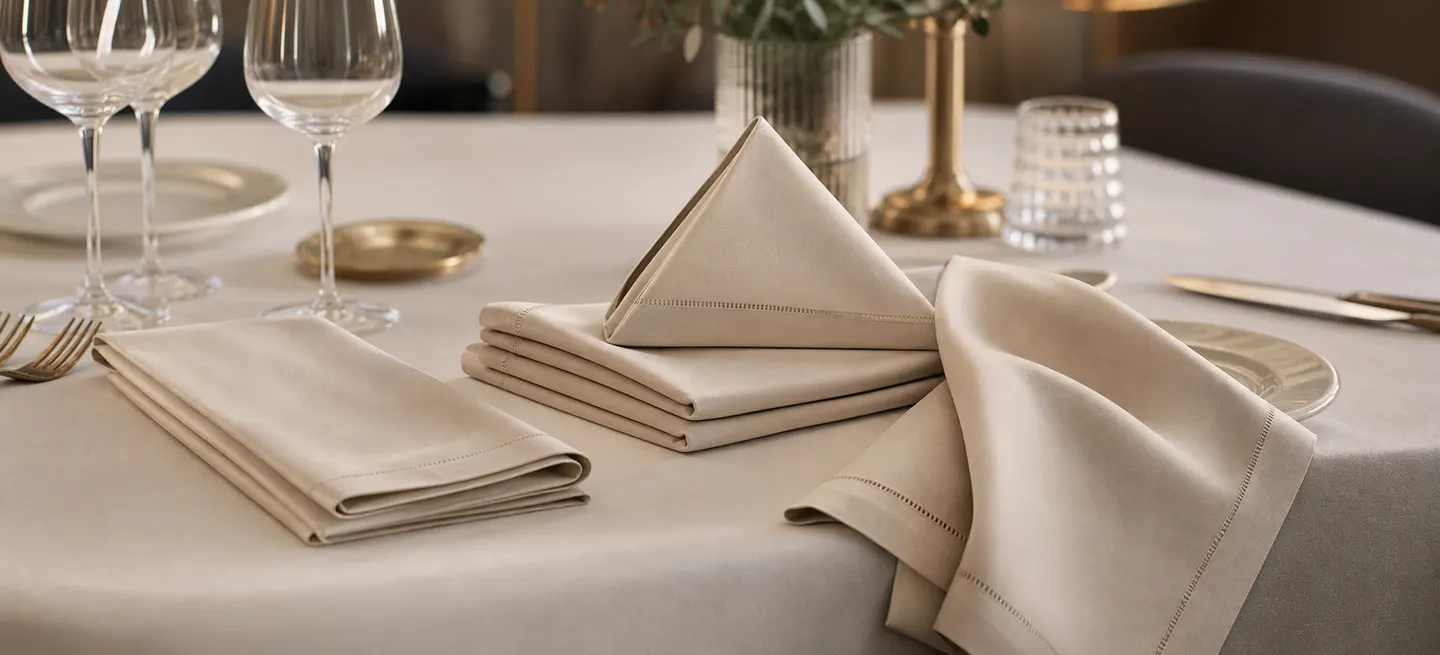 Neutral cloth restaurant napkins folded on a dressed dining table