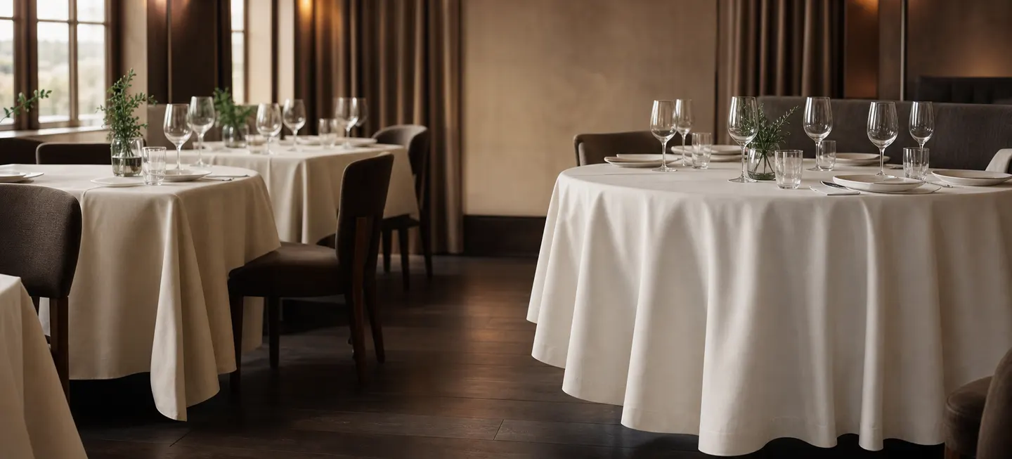 Restaurant tables set with matching white tablecloths for service.