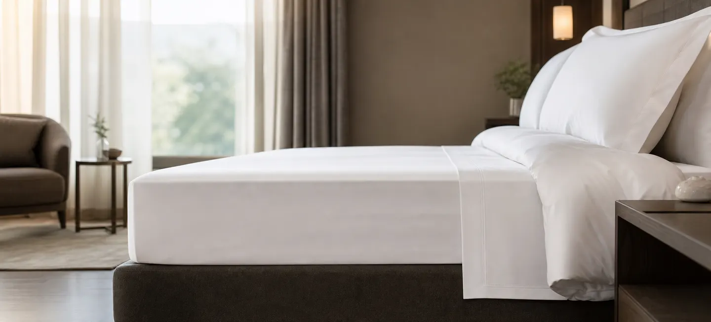 Hotel guest room prepared with crisp white bed linen.