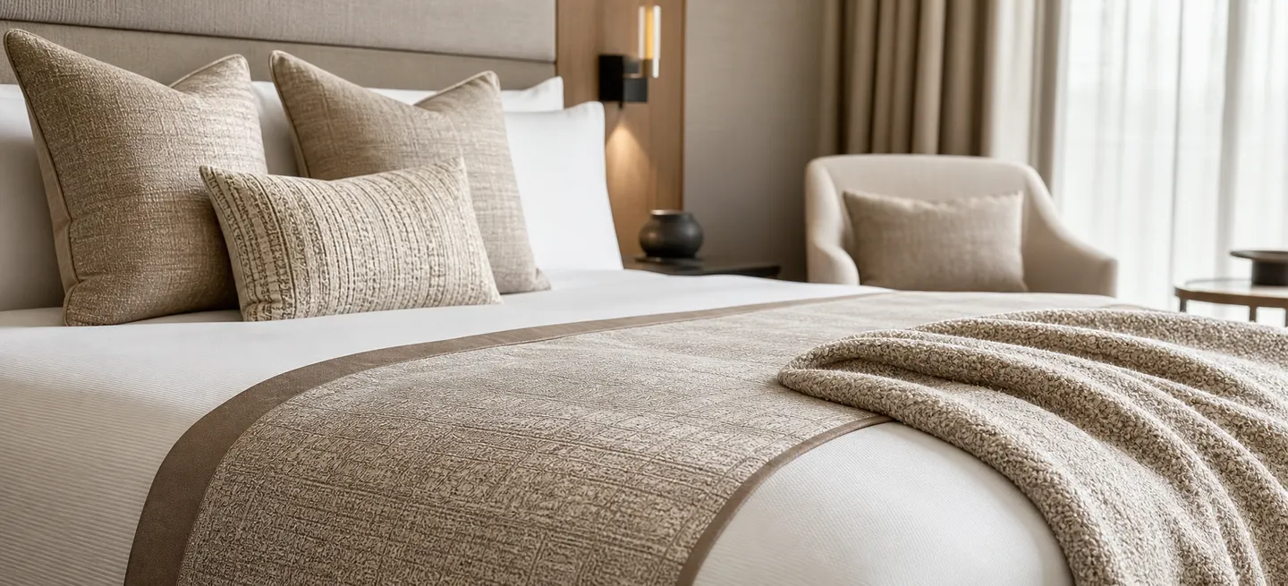 Extended-stay guest room with coordinated decorative textiles.