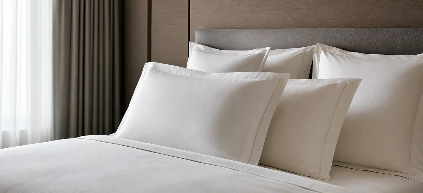 Matching hotel pillowcases prepared to a consistent room standard.