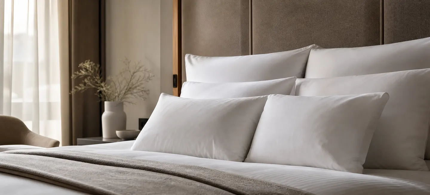 White pillows arranged against an upholstered headboard on a hotel bed