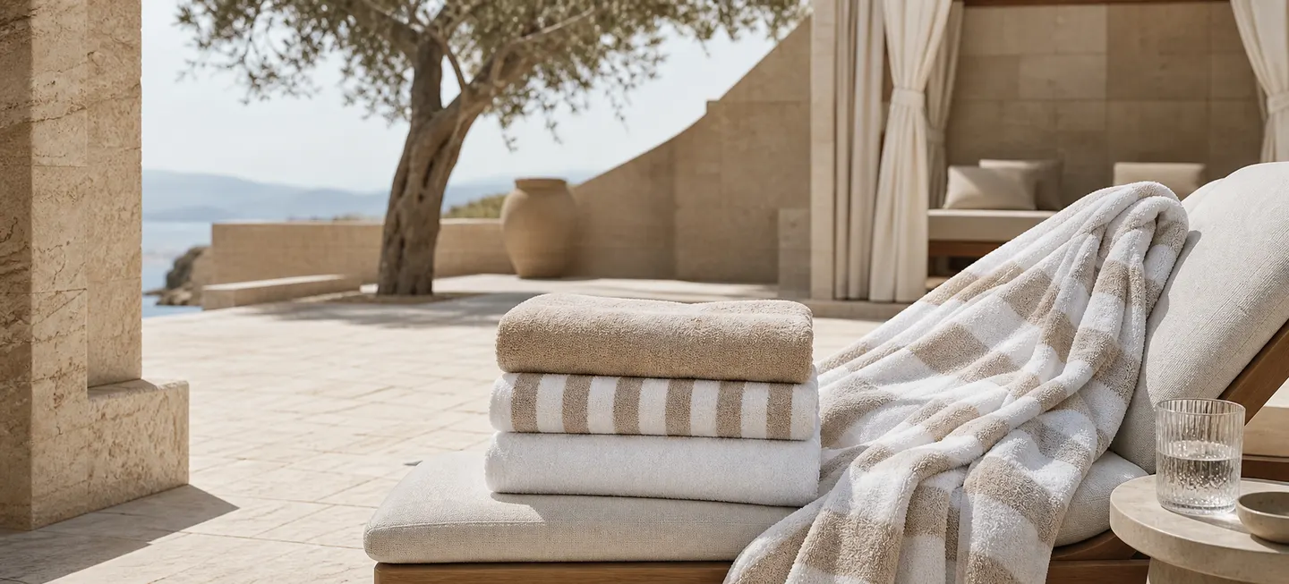 Resort terrace with pool and beach towels arranged for guests.