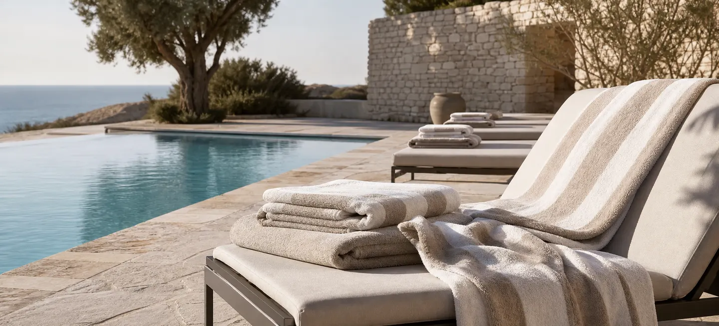 Folded pool towels prepared beside loungers in an outdoor wellness setting