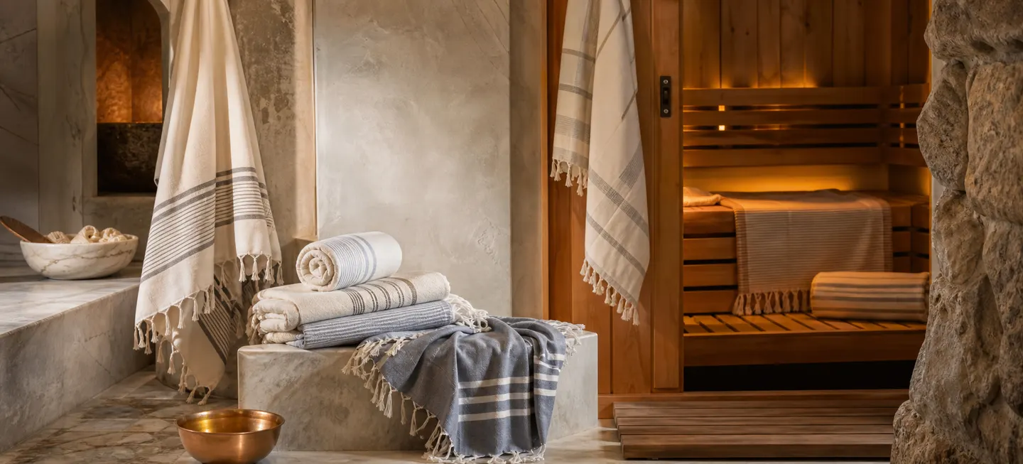 Flat-woven hammam towels arranged beside a warm sauna and stone bathing area