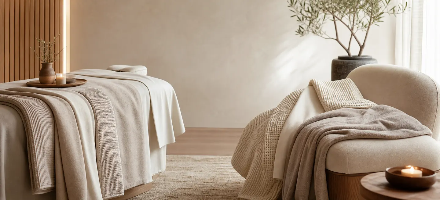 Soft spa blankets arranged in a calm treatment and relaxation space.
