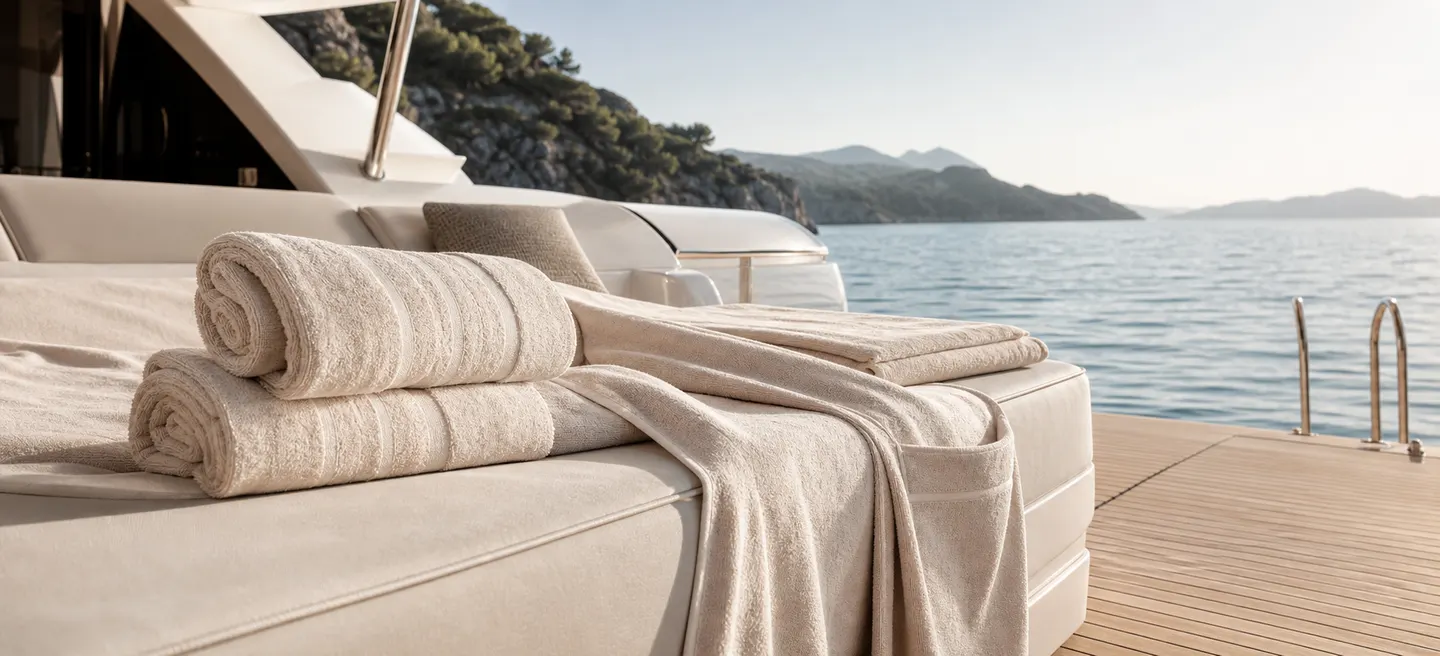 Folded neutral deck and beach towels arranged on a yacht beside the sea
