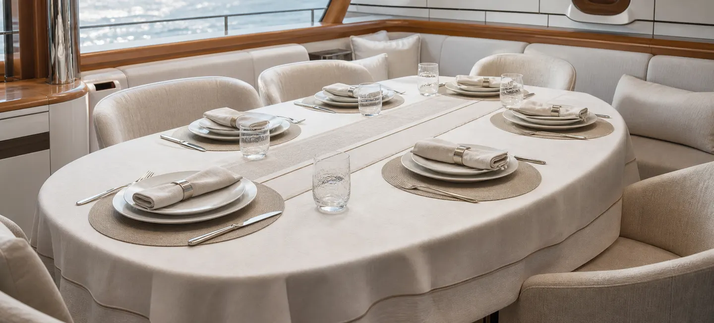 Oval yacht dining table dressed with a fitted white tablecloth, placemats and secured napkins