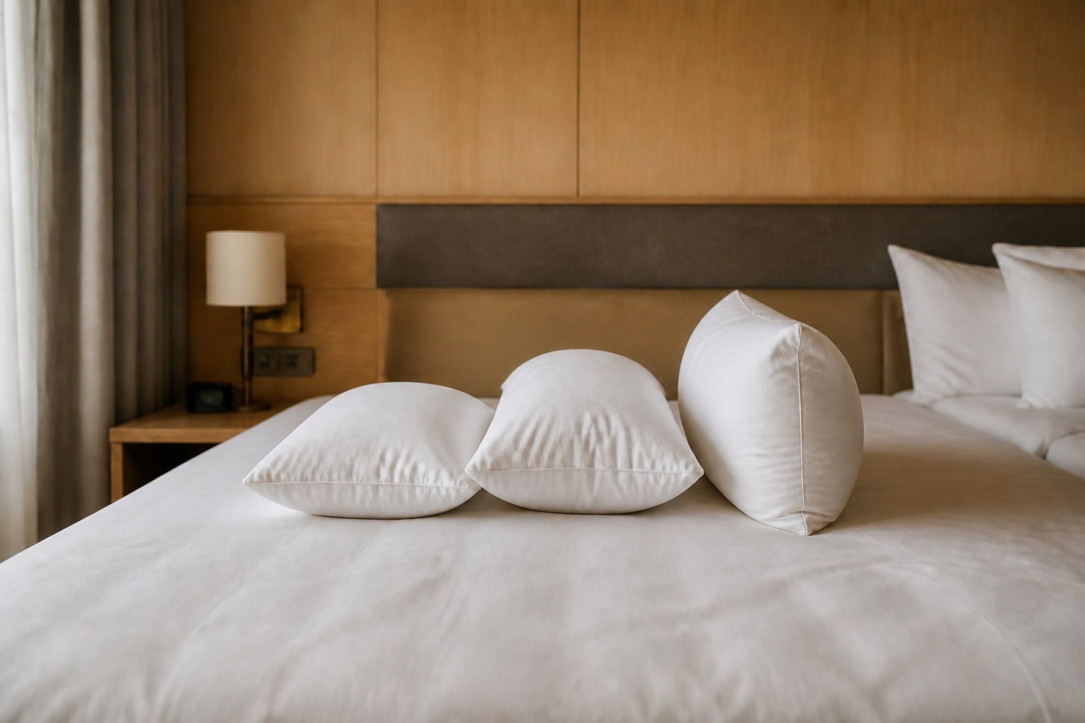 Three white hotel pillows compared in soft, medium and firm shapes on a guest-room bed