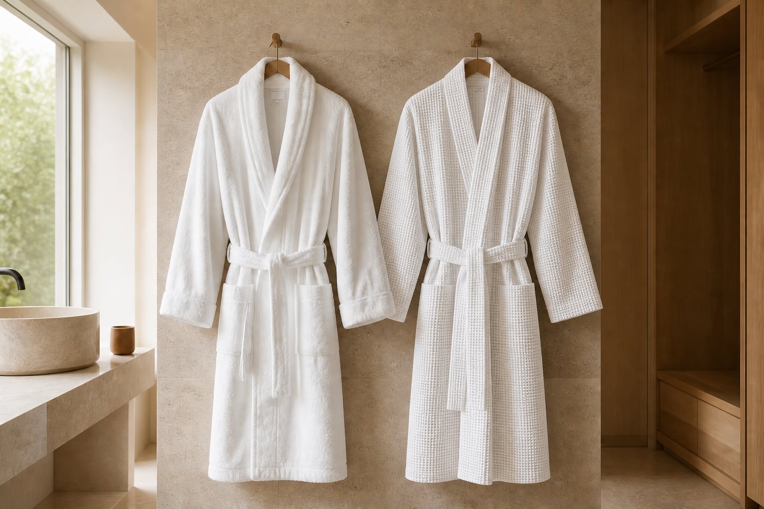 White terry and waffle hotel bathrobes hanging side by side in a warm stone bathroom
