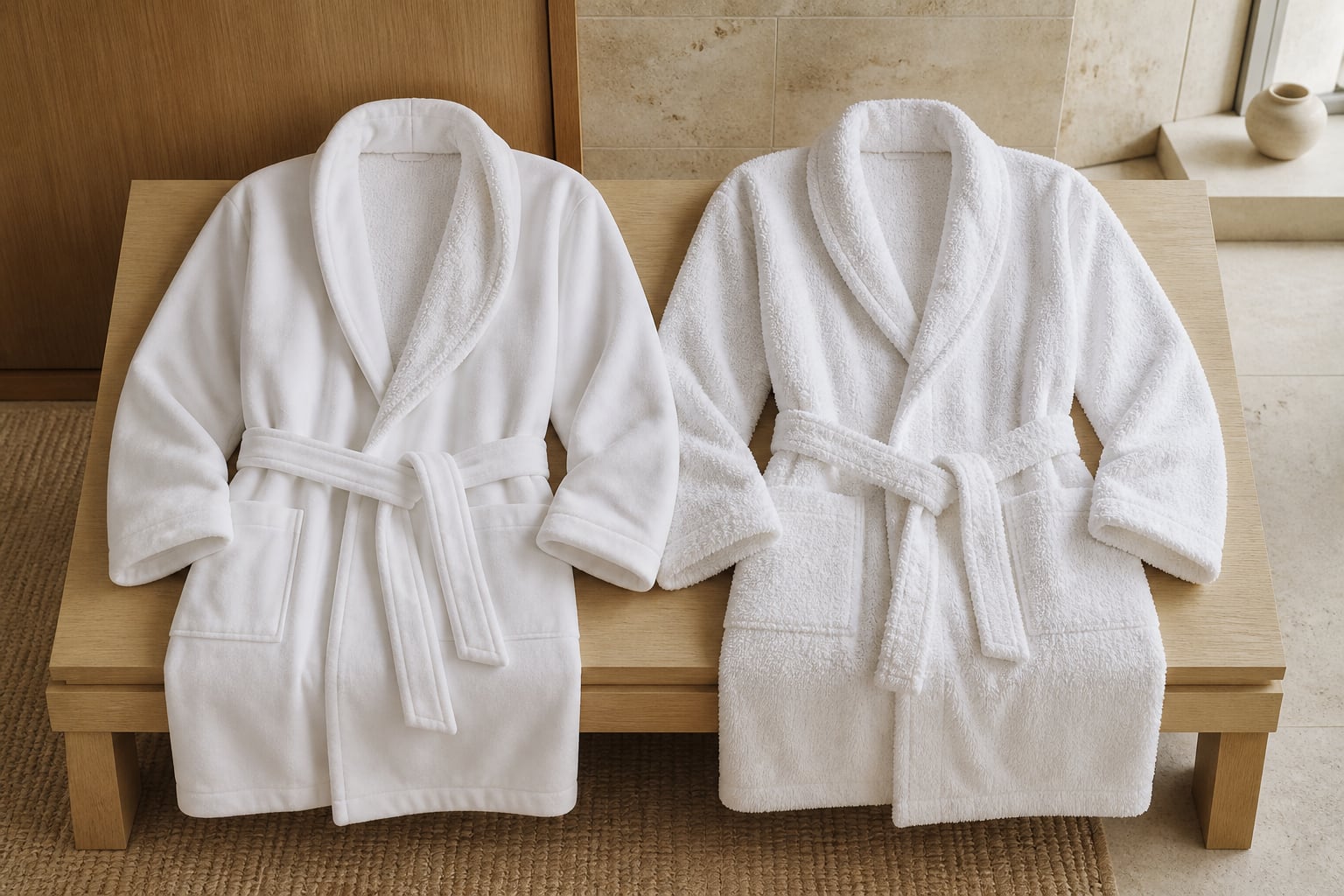 White hotel bathrobes in smooth cotton velour and looped terry displayed on a pale oak bench
