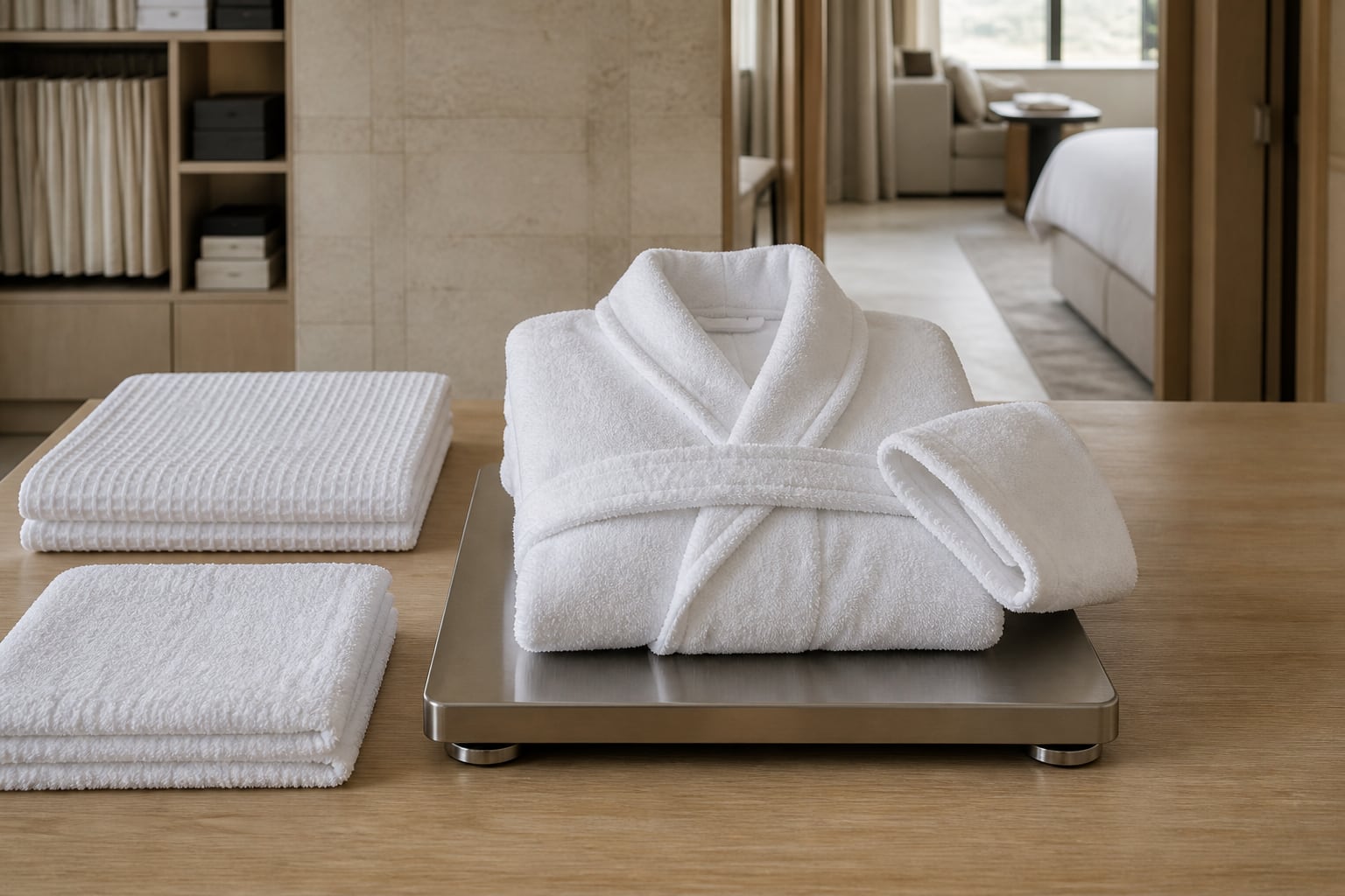 White terry hotel bathrobe folded on a textile scale beside waffle and terry fabric samples